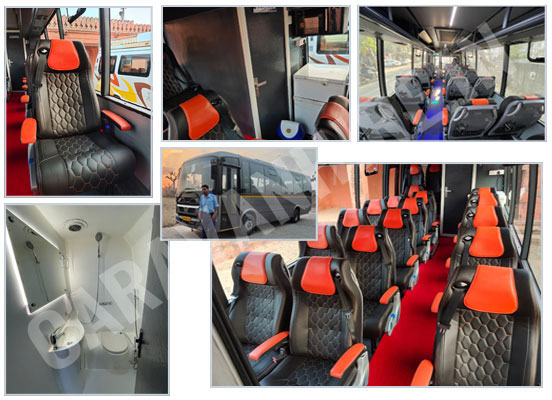 16 seater marcopolo imported mini coach with toilet washroom fridge on rent in delhi